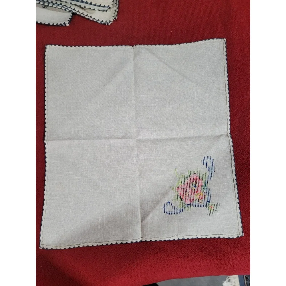 Vintage Cross Stitch Linen Napkins 4 Hemstitched 10 X 10 Sq Tea Coffee Luncheon